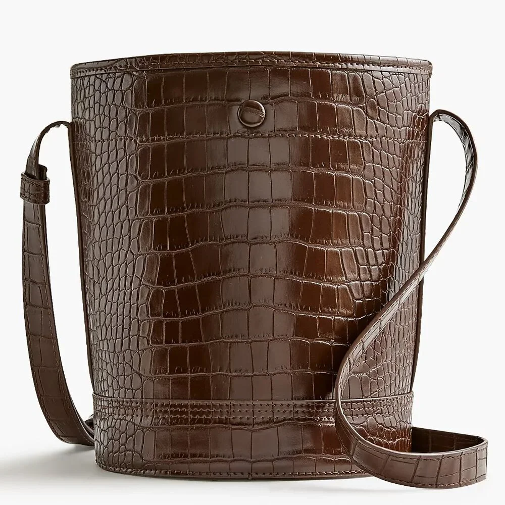 J. Crew Dark Walnut Croc Crossbody Bucket Bag/NWT
